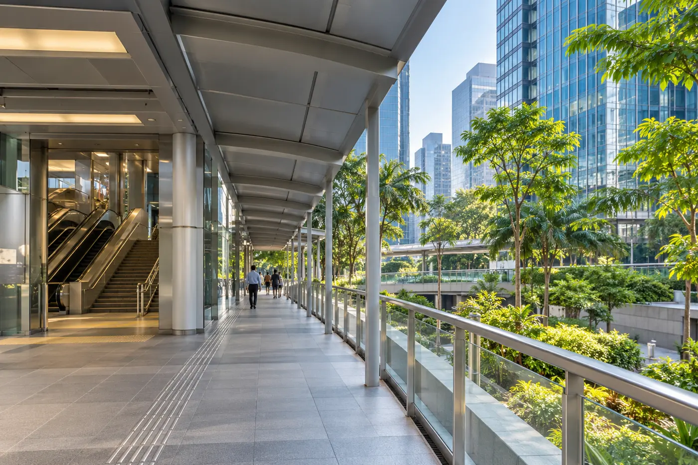 Sheltered pedestrian route connecting public transport with a Singapore business district