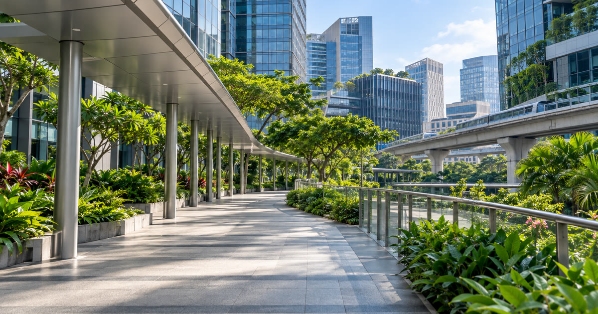 Landscaped pedestrian walkway near offices in a Singapore business district